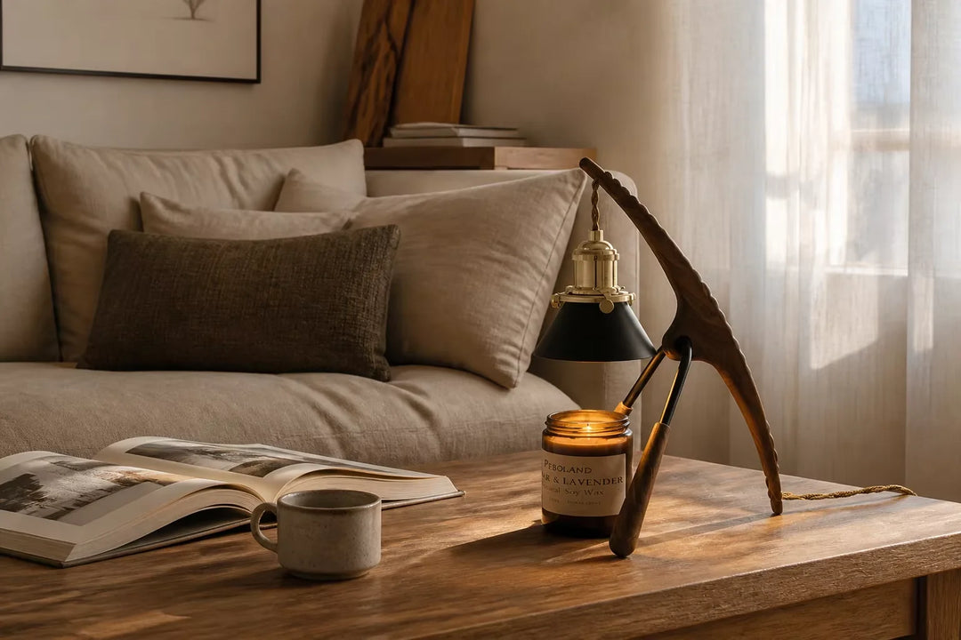 Architectural black walnut candle warmer lamp melting scented jar candle on oak coffee table in quiet luxury modern living room