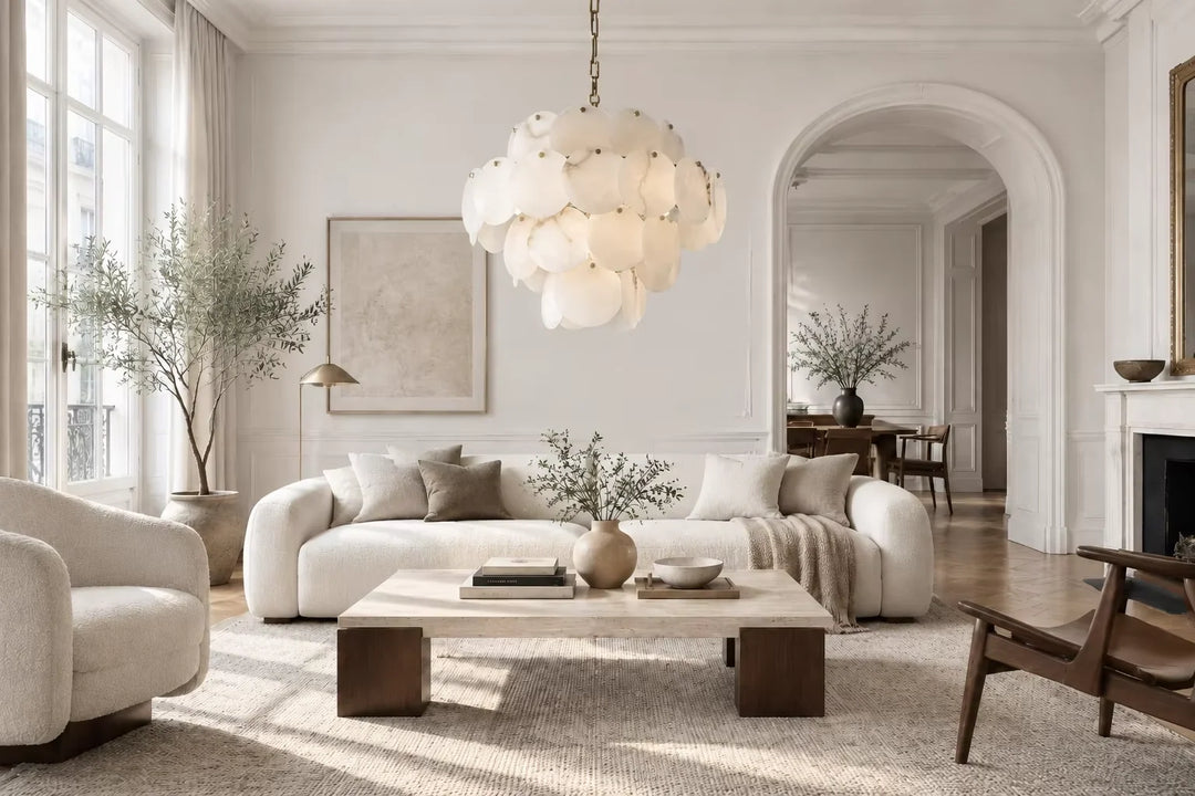 Tiered natural white translucent alabaster disc chandelier illuminated by soft morning natural window light in organic modern Parisian living room