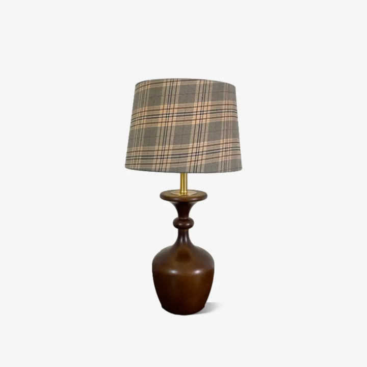 Alva modern vintage accent table lamp with walnut turned wood base and grey plaid drum shade