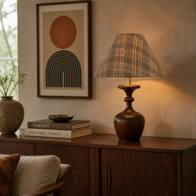 Modern vintage accent table lamp casting warm light on a wooden console table with modern wall art