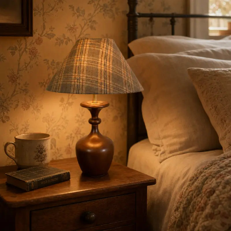Cozy bedside table lamp with conical checkered fabric shade and turned wood body glowing in a bedroom