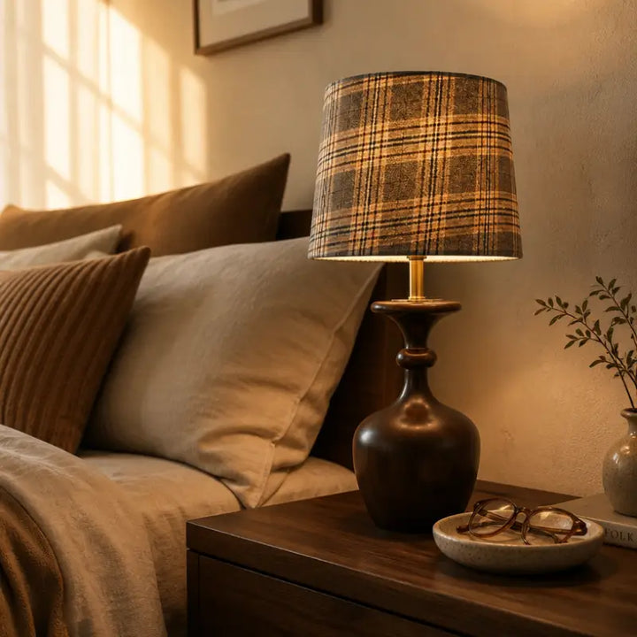 Warm glowing wooden nightstand lamp with tartan patterned lampshade beside a cozy master bed