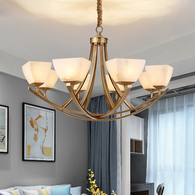Brass and Frosted Glass Chandelier 1
