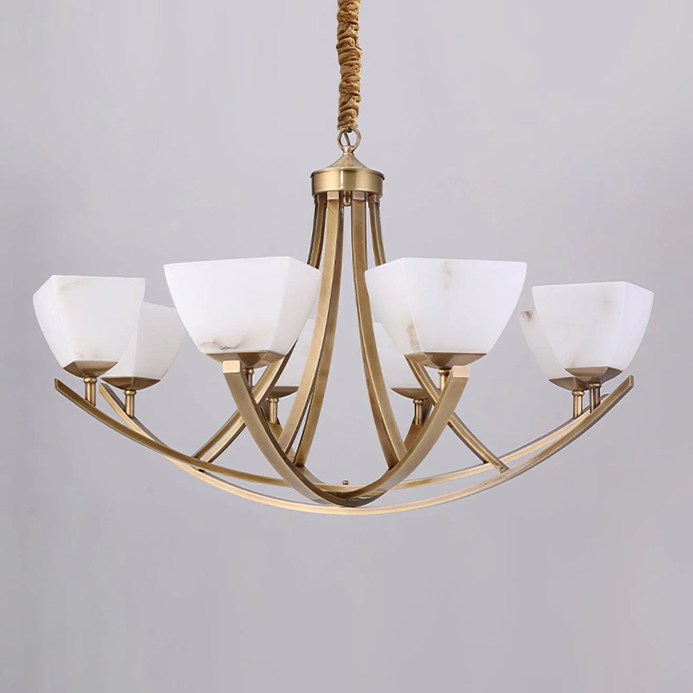 Brass and Frosted Glass Chandelier 10