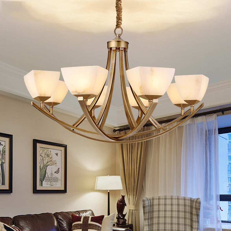 Brass and Frosted Glass Chandelier 2