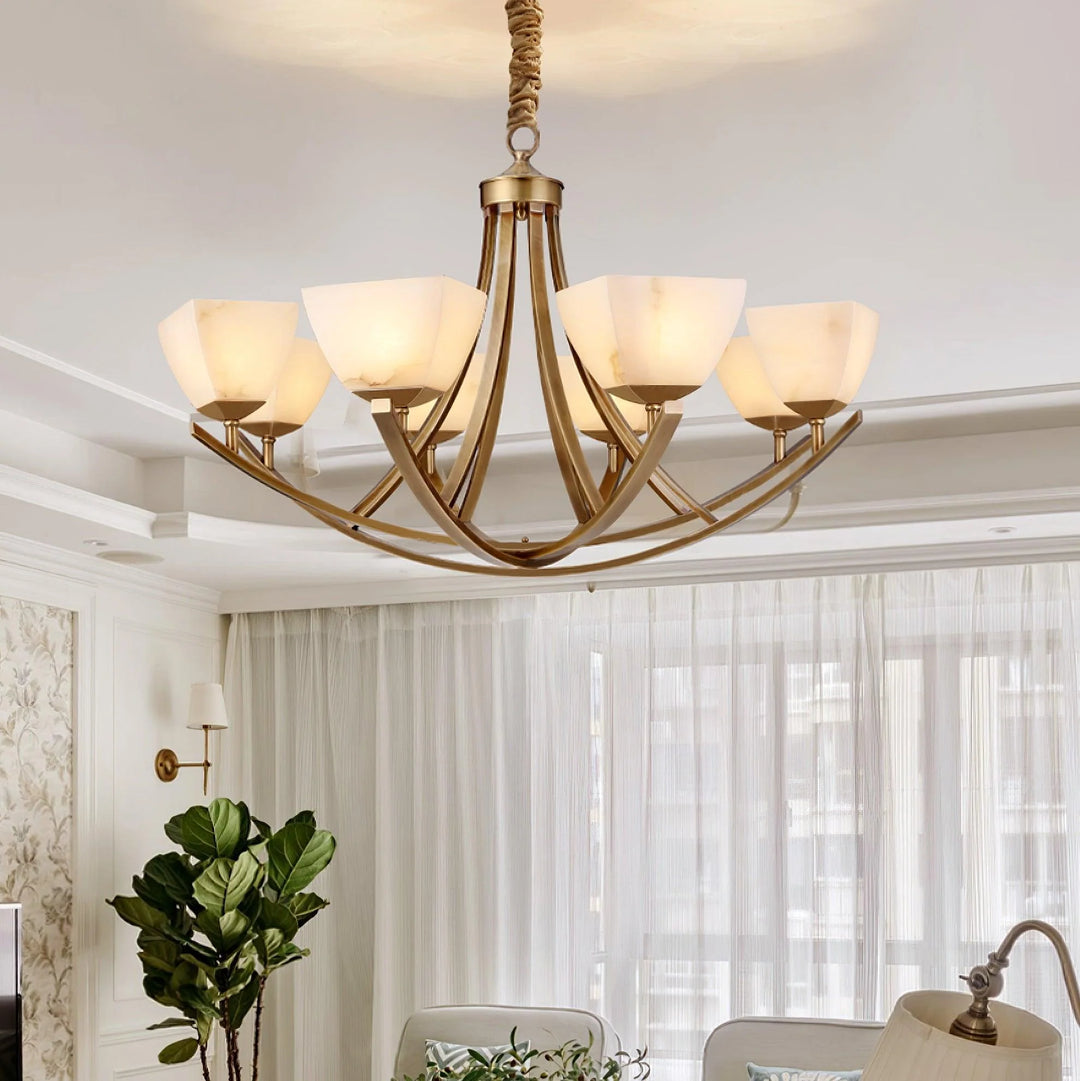 Brass and Frosted Glass Chandelier 4