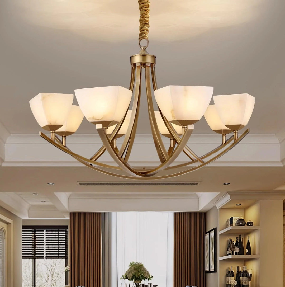 Brass and Frosted Glass Chandelier 6