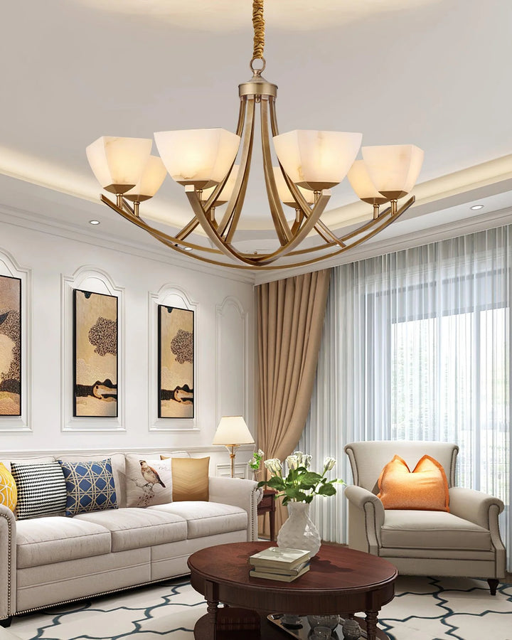 Brass and Frosted Glass Chandelier 7