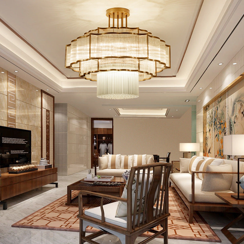 Flying Fortress crystal pendant lamp in a luxury living room with sofas wooden furniture and warm ambient lighting