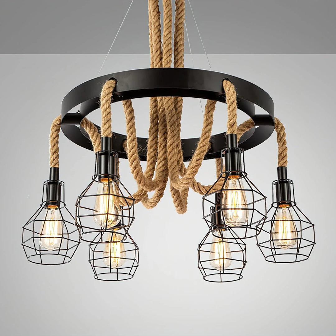 Farmhouse Wheel Hemp Rope Chandelier 10