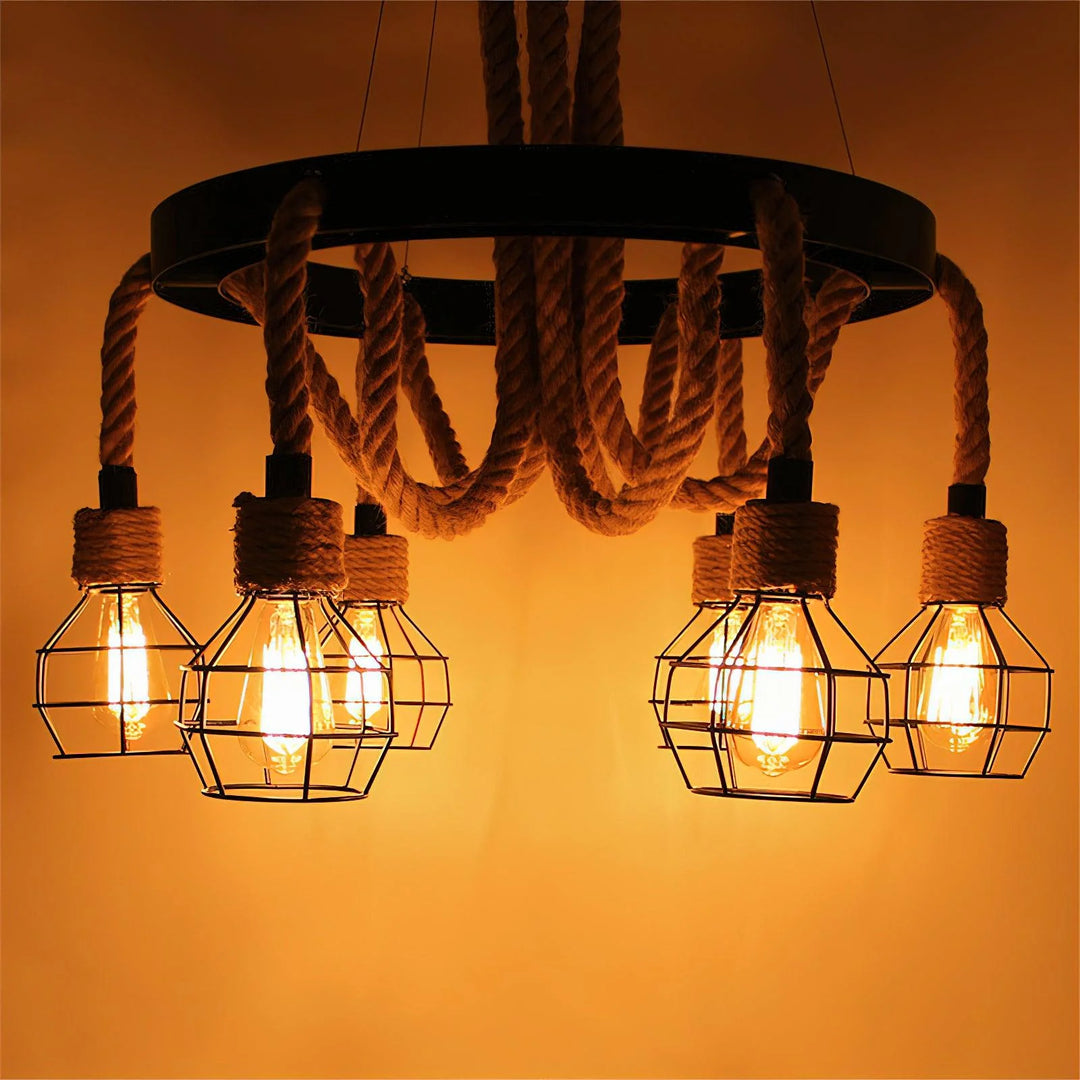 Farmhouse Wheel Hemp Rope Chandelier 11