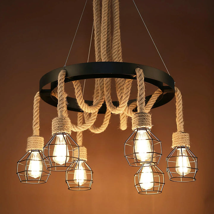 Farmhouse Wheel Hemp Rope Chandelier 14