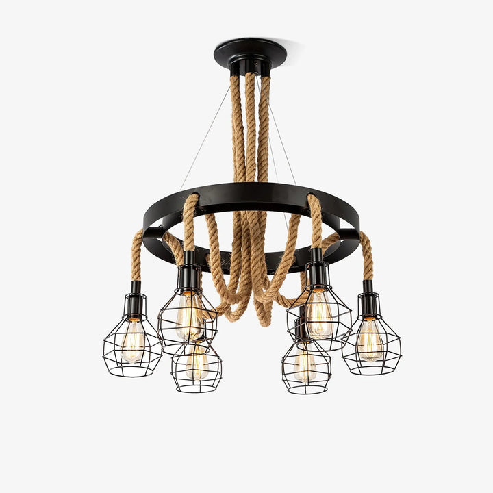 Farmhouse Wheel Hemp Rope Chandelier 17