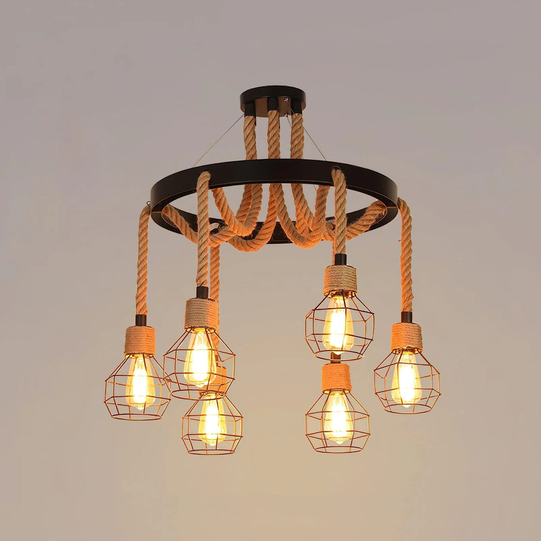 Farmhouse Wheel Hemp Rope Chandelier 19