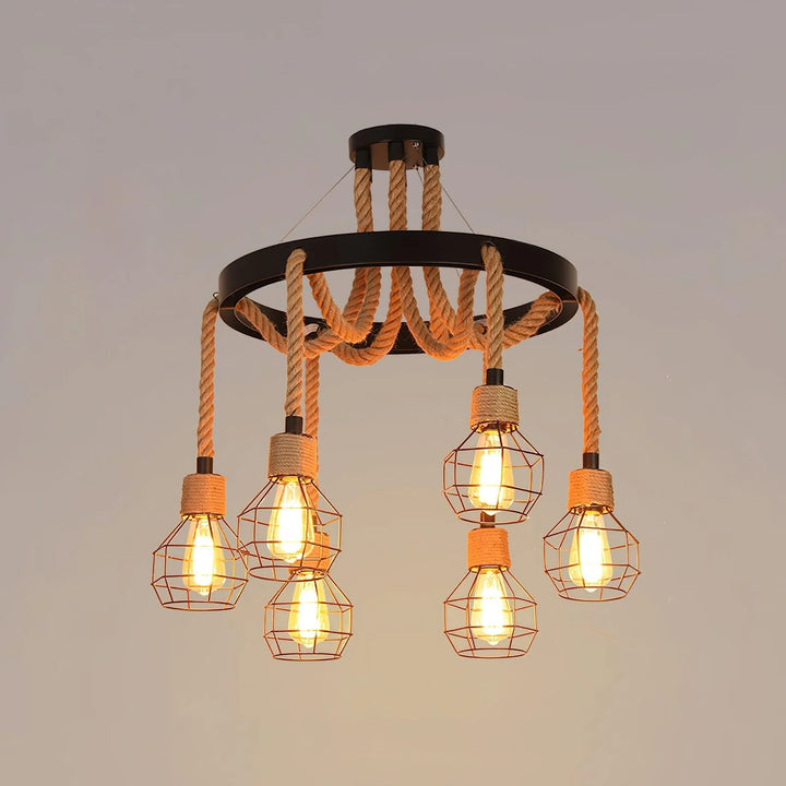 Farmhouse Wheel Hemp Rope Chandelier 19