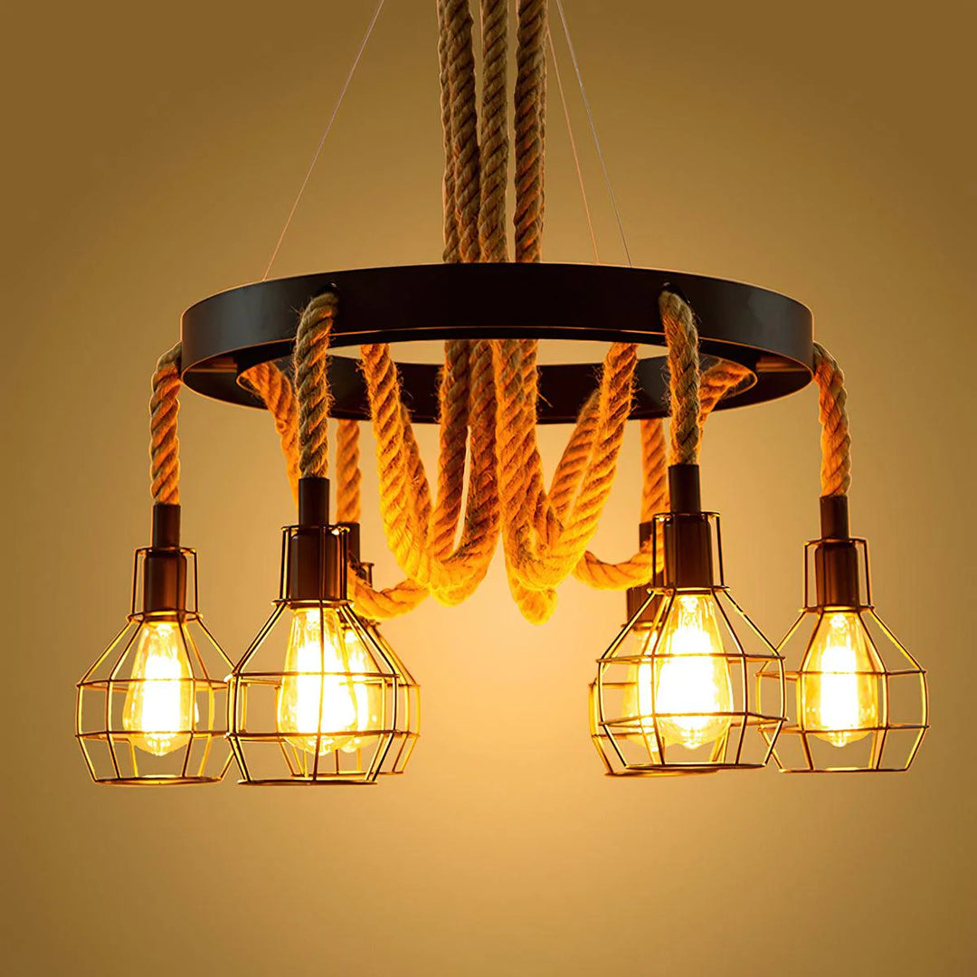 Farmhouse Wheel Hemp Rope Chandelier 2