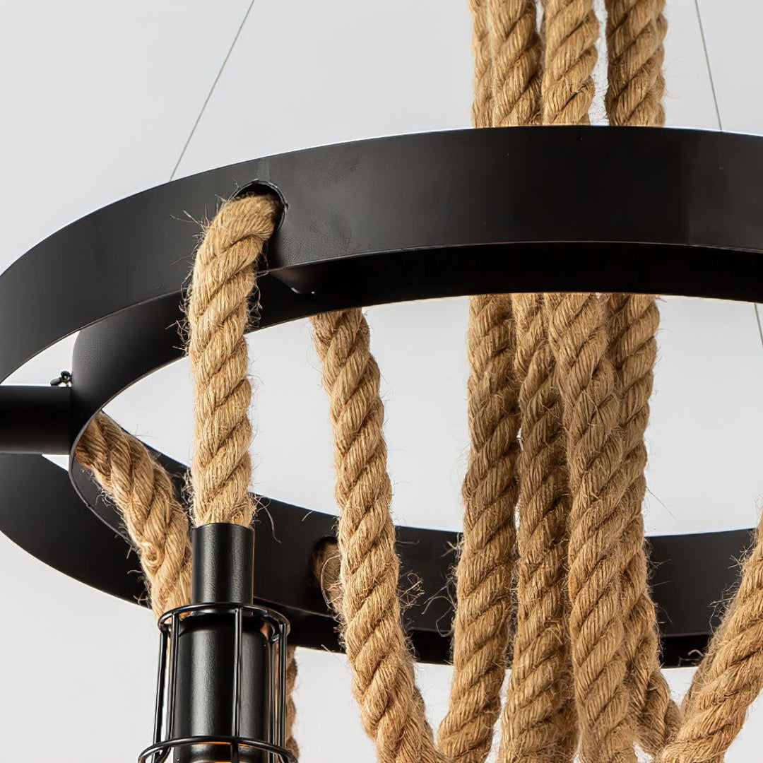 Farmhouse Wheel Hemp Rope Chandelier 4