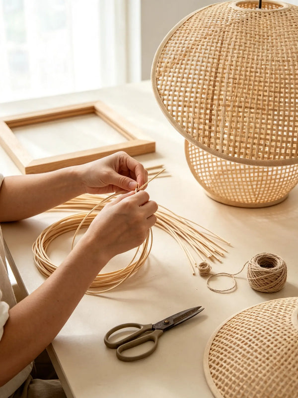 Hand-woven rattan lampshade making process with natural rattan strips for wicker table lamp home lighting