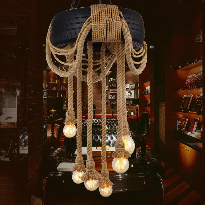 Hemp Rope Black Tyre Chandelier 4