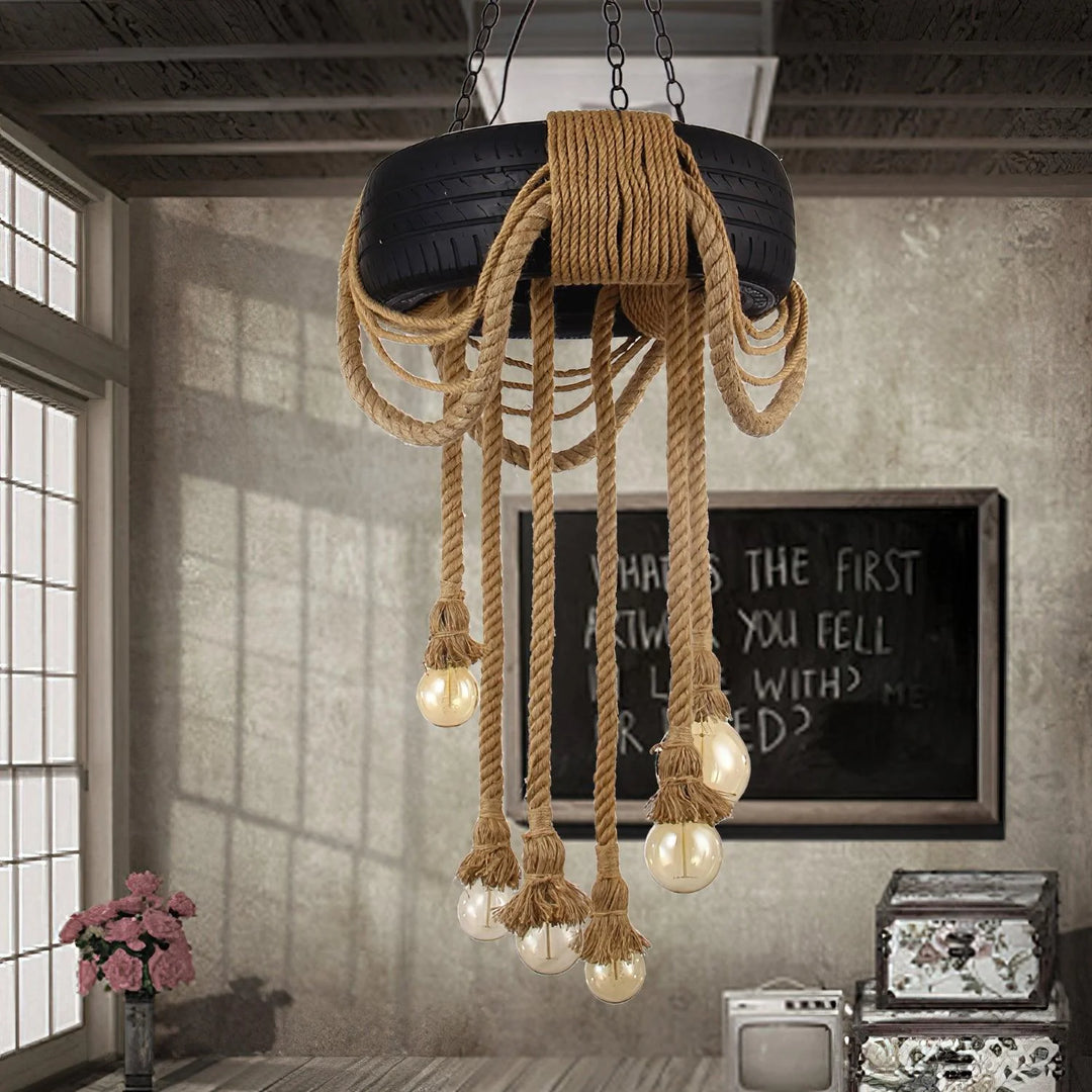 Hemp Rope Black Tyre Chandelier 8