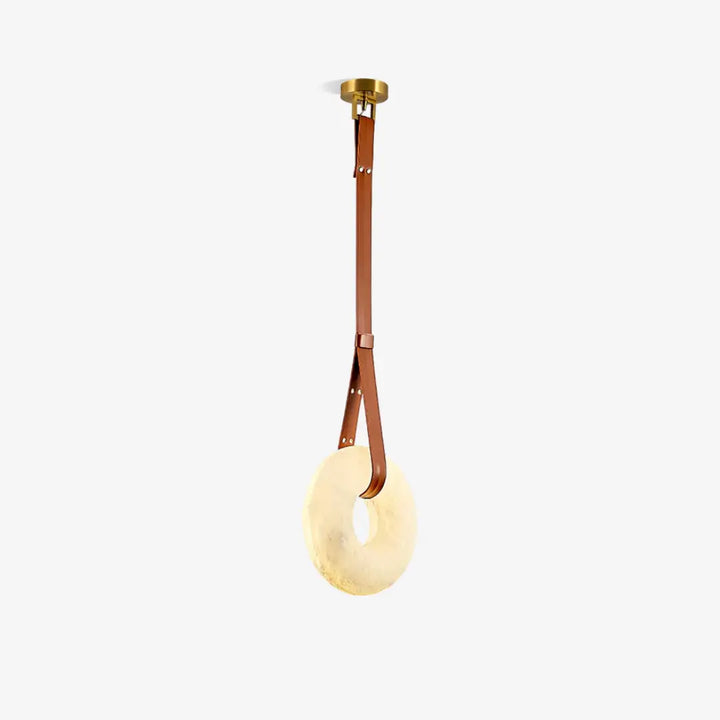 Leather Strap Alabaster Donut Pendant Light with brass ceiling canopy on white background