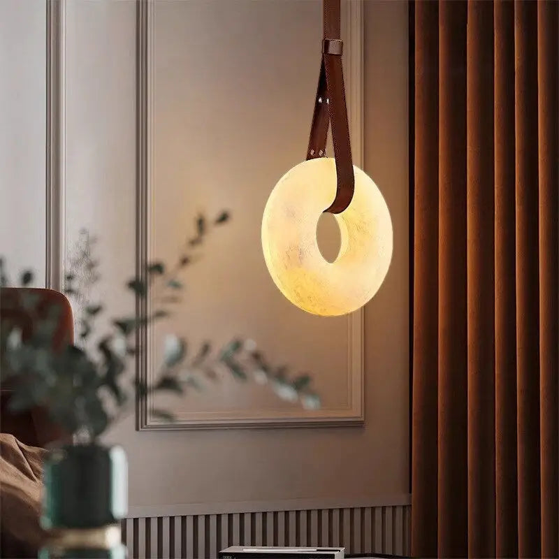 Leather Strap Alabaster Donut Pendant Light warm lighting effect beside bedroom bedside wall panel