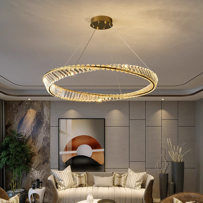 Ltalian Crystal Chandelier hanging elegantly in a modern living room with stylish decor.