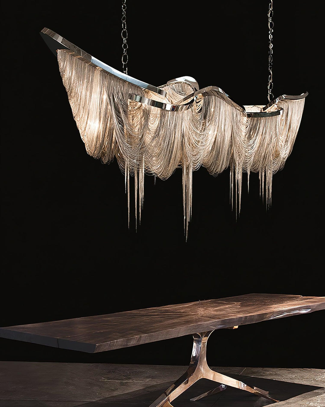 Luxury Golden Tassels Chandelier featuring elegant aluminum chains hanging above a modern wooden table