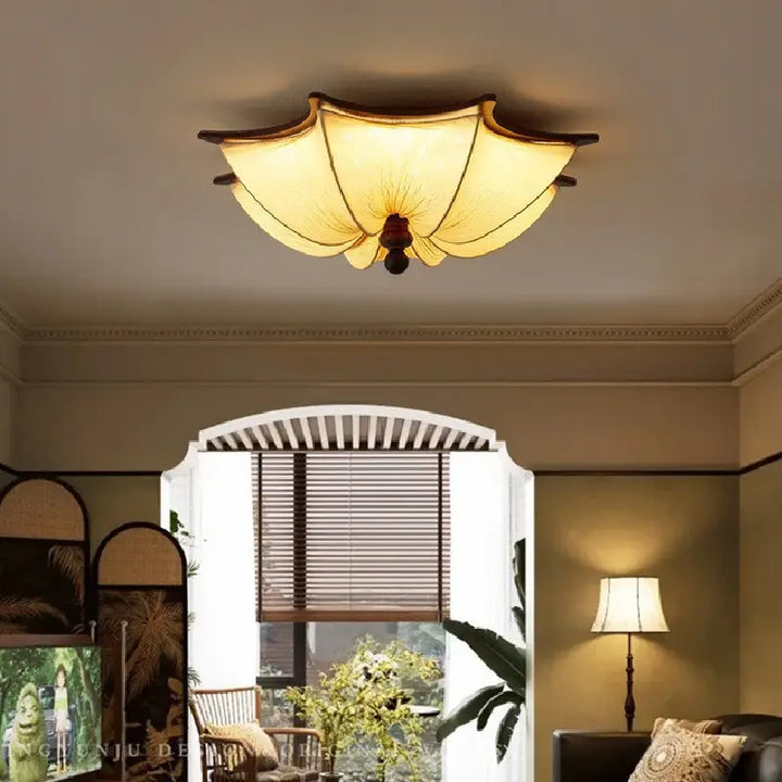 Modern Luvina Ceiling Lamp with pleated fabric shade and walnut finish, enhancing vintage and minimalist interiors.