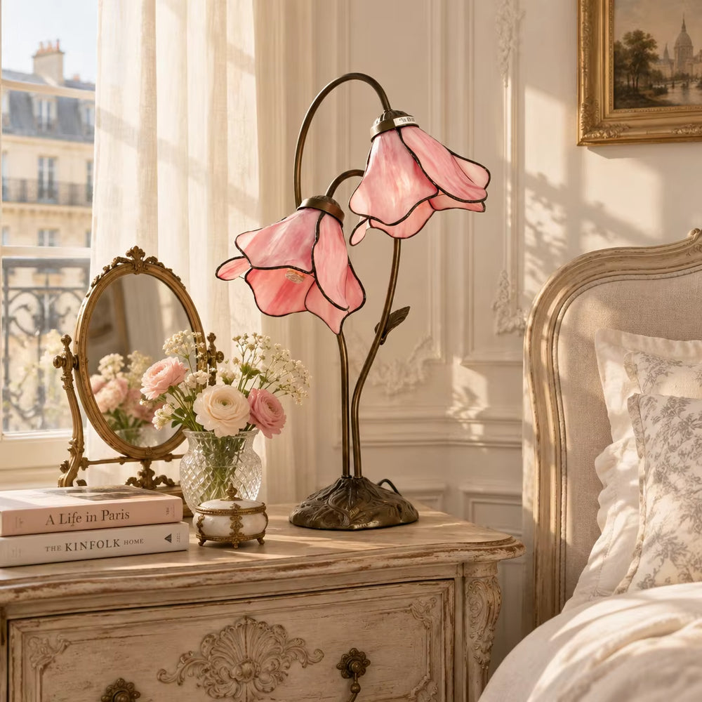 Parisian vintage pink glass flower table lamp on carved wooden vanity bedside table