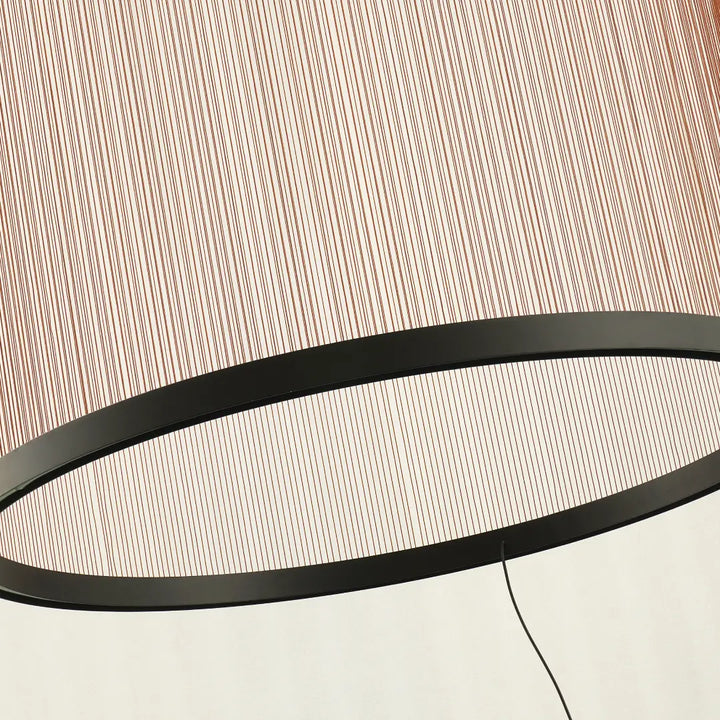 Spanish Cylinder Chandelier, close‑up detail of black metal circular frame and evenly spaced vertical string shade, showing minimalist lamp internal construction