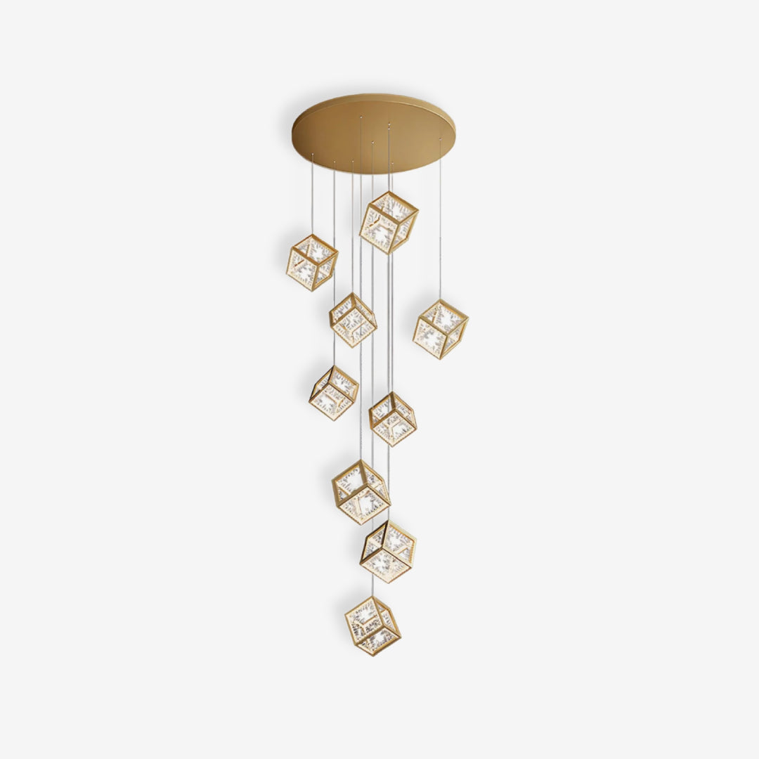 Square crystal chandelier with geometric form for a staircase foyer