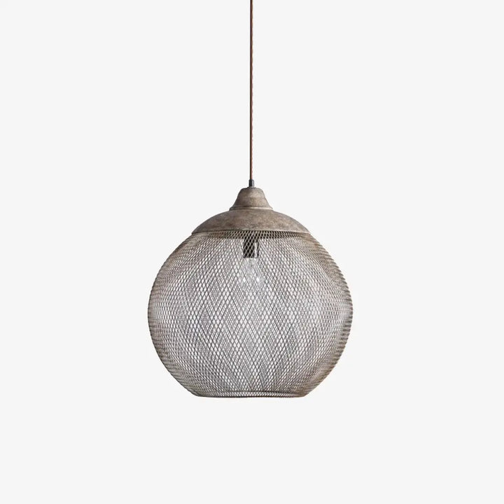 Vesper wire mesh sphere pendant lamp with rustic industrial finish on white backdrop