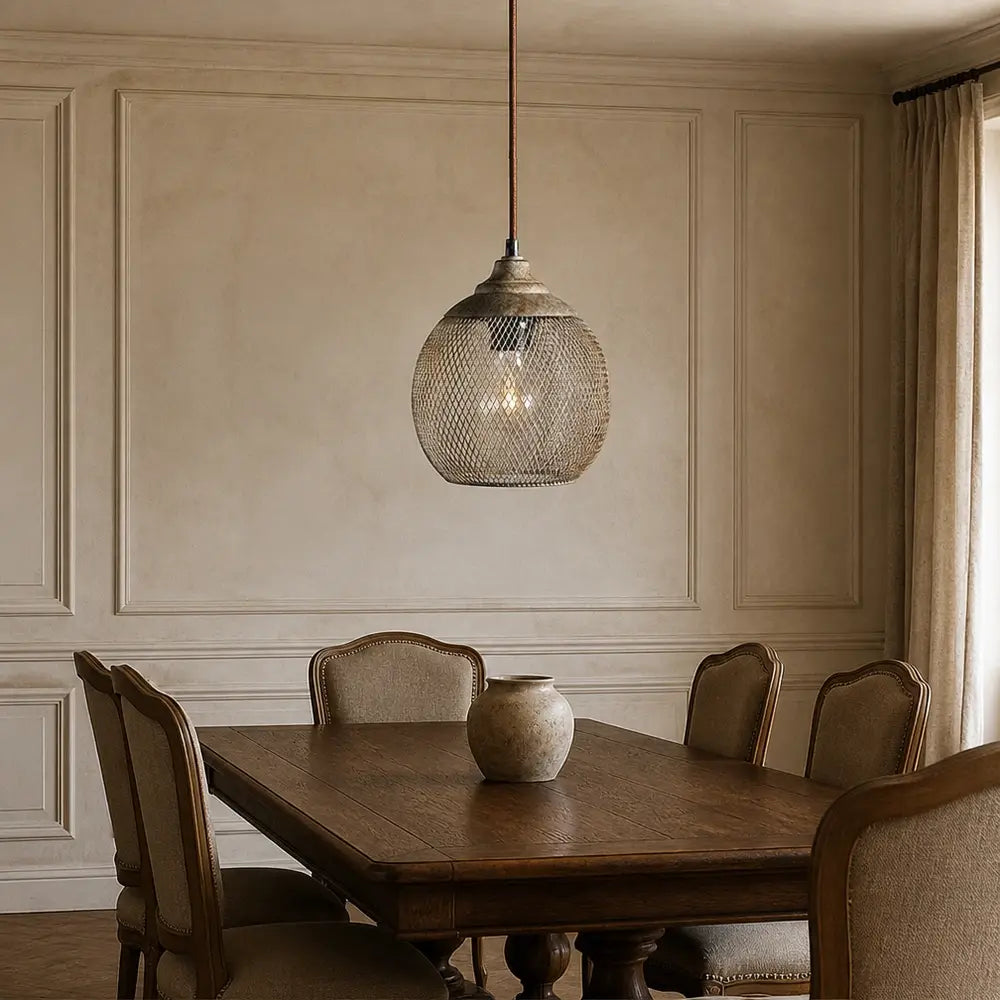 Industrial wire mesh pendant light suspended above a classic dark wood dining table