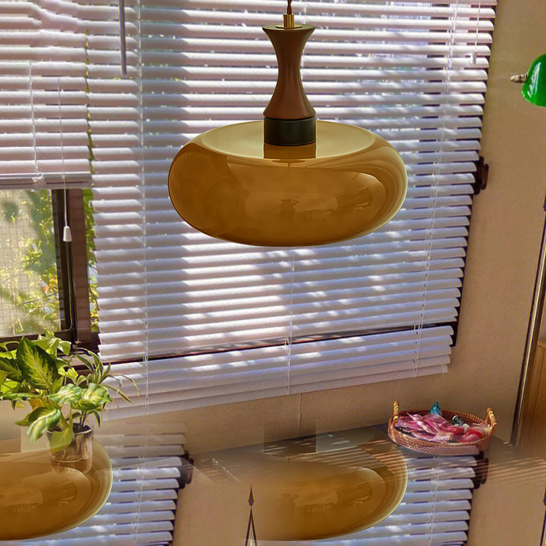 Walnut Bauhaus Pendant Light near the window