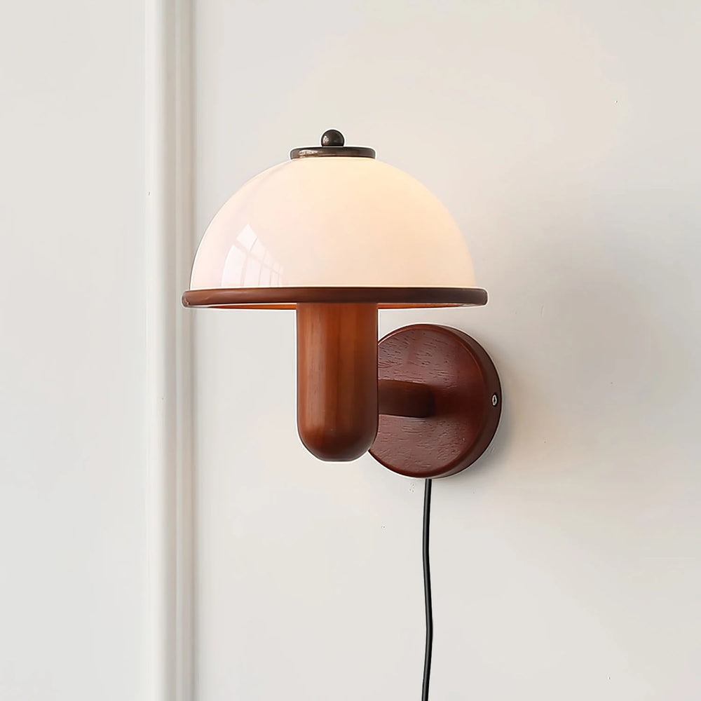 Modern wood mushroom wall sconce with dome glass shade and soft warm glow