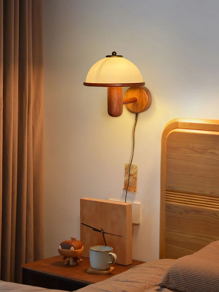 Wood Mushroom Wall Lamp at night