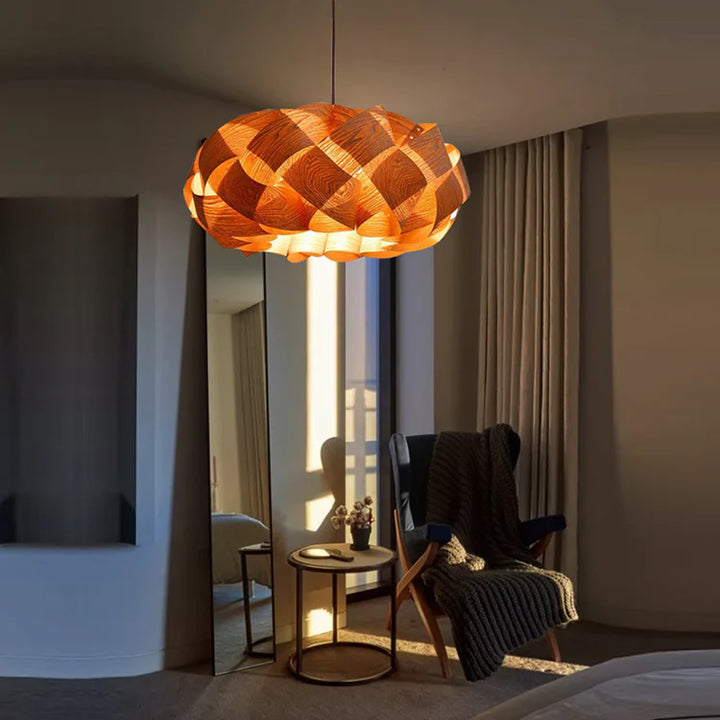 Wood Wave Pendant Light illuminating a modern living space with warm natural tones.