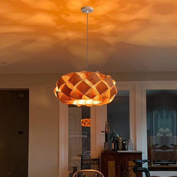 Wood Wave Pendant Light showcasing interwoven wood strips creating a warm glow in a modern dining room.