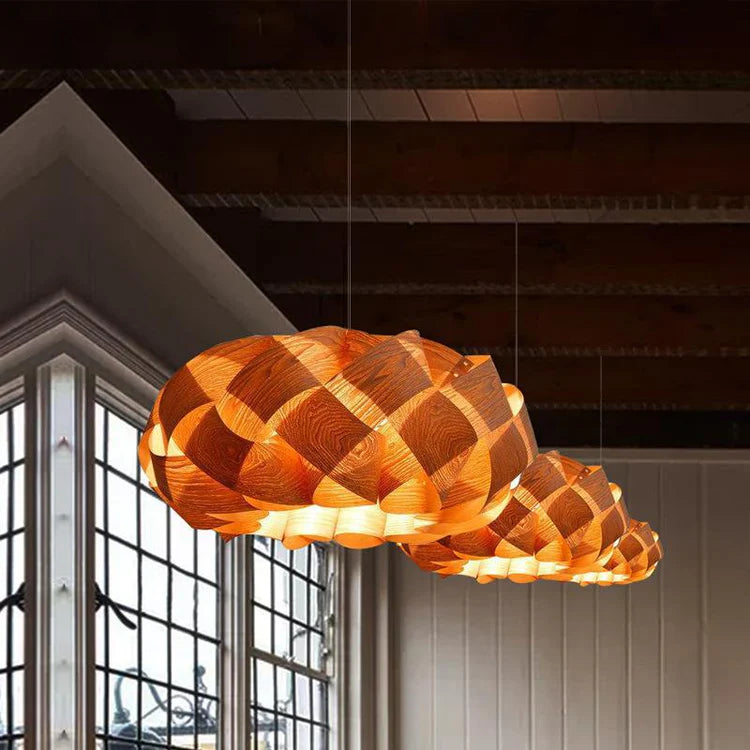 Wood Wave Pendant Light showcasing interwoven wood strips in a modern interior setting.