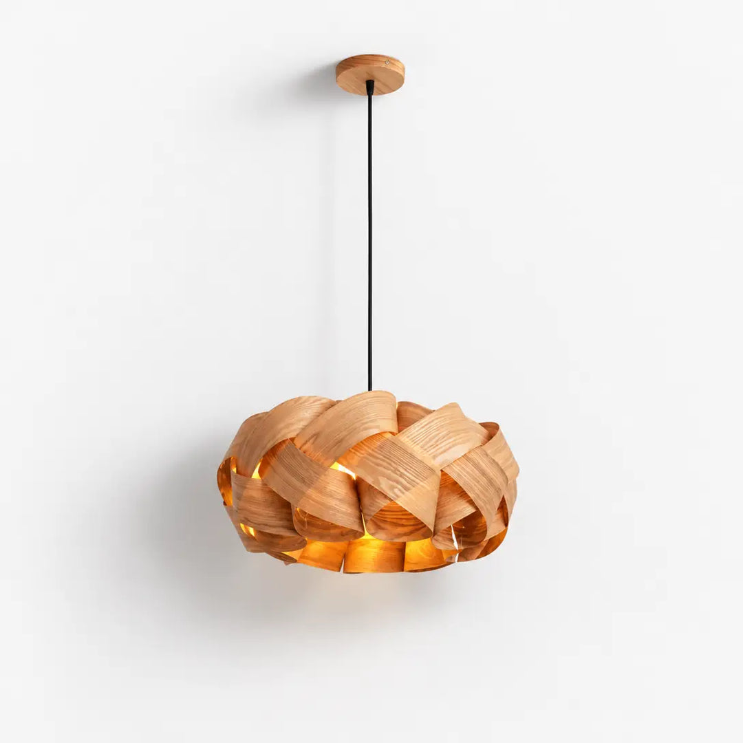 Wood wave pendant light with woven timber veneer ribbon shade on white background