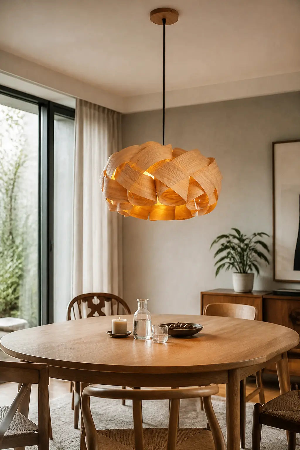 Sculptural wood ribbon pendant light suspended over round dining table with flowers
