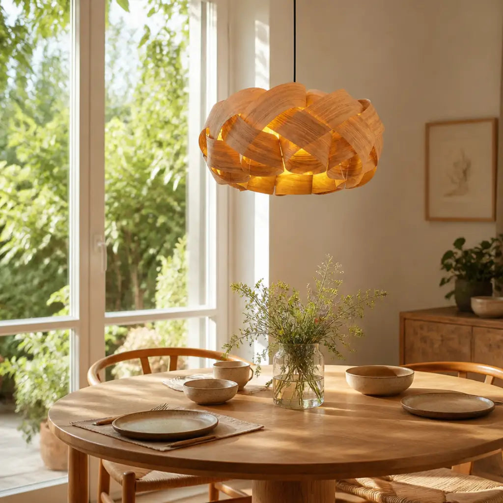 Organic modern wood wave pendant lamp illuminated above round wooden dining table